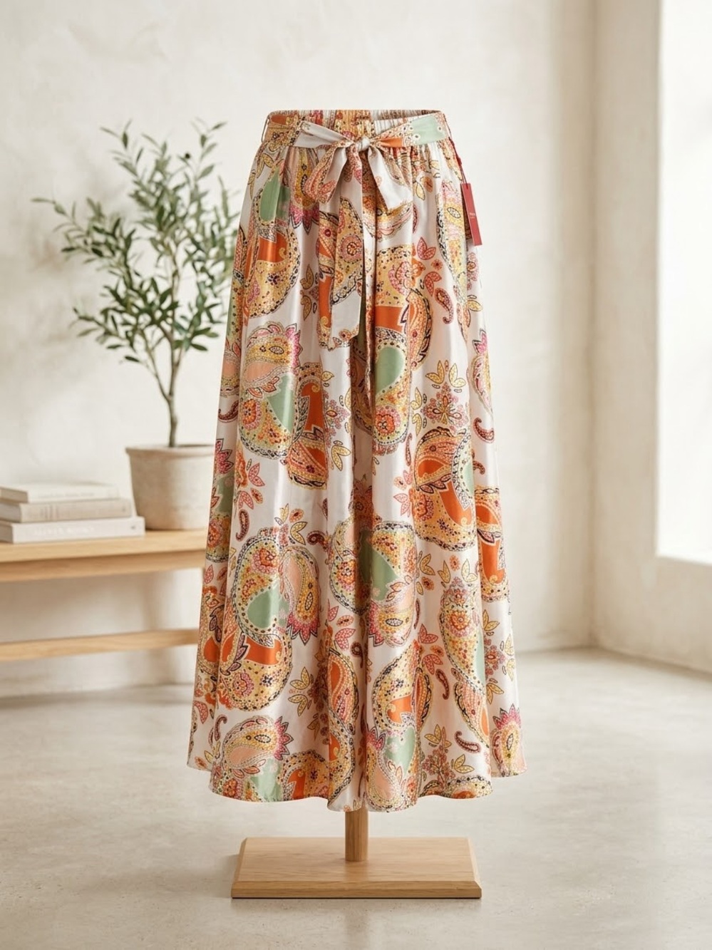 Paisley Tie-Waist Maxi Skirt - White with Orange & Green